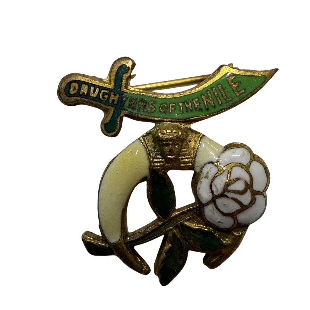 Vintage Daughters of the Nile Enamel Pin Masonic Scimitar Rose Brooch Gold Tone